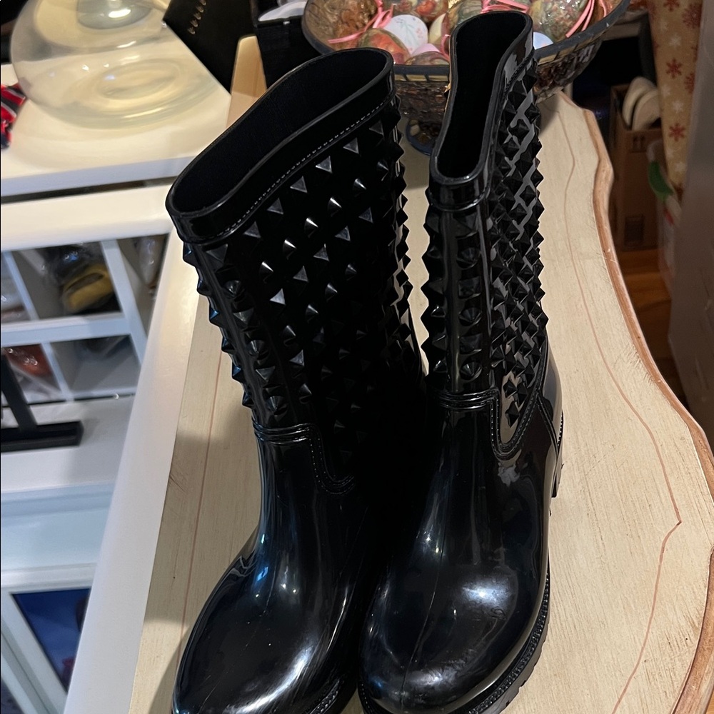 Black Studded Rain Boots - Women